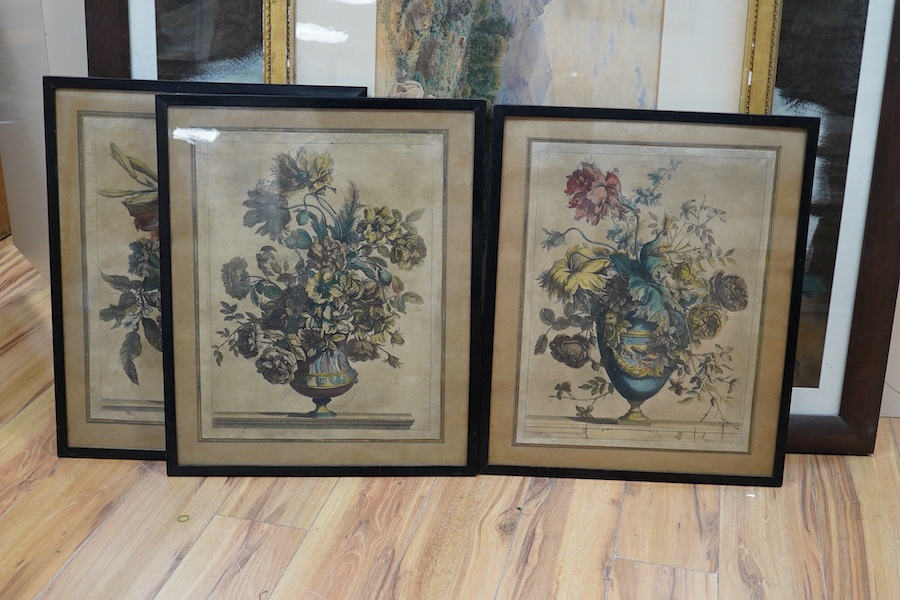 After Jean Baptiste Monnoyer (Franco/Flemish, 1636-1699), Still lifes of flowers, set of six colour etchings, etched by Nicolas de Poilly, 43 x 33cm